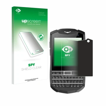 Parte frontal de un envase de producto con el logotipo de la marca upscreen. Al lado se muestra el dispositivo Unihertz Titan 