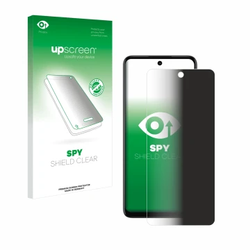 Parte frontal de un envase de producto con el logotipo de la marca upscreen. Al lado se muestra el dispositivo Motorola Moto G