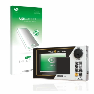 Parte frontal de un envase de producto con el logotipo de la marca upscreen. Al lado se muestra el dispositivo Rover TAB 5 ULT