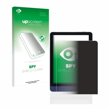 Parte frontal de un envase de producto con el logotipo de la marca upscreen. Al lado se muestra el dispositivo Meebook M6 6