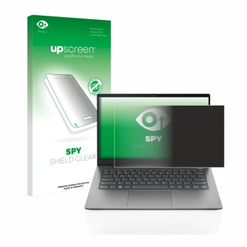 Parte frontal de un envase de producto con el logotipo de la marca upscreen. Al lado se muestra el dispositivo Lenovo ThinkBoo