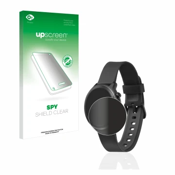 Parte frontal de un envase de producto con el logotipo de la marca upscreen. Al lado se muestra el dispositivo Doro Watch con 
