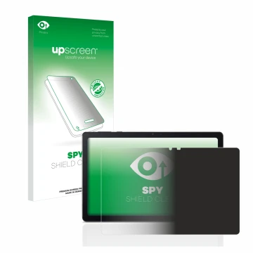 Parte frontal de un envase de producto con el logotipo de la marca upscreen. Al lado se muestra el dispositivo Acer Iconia Tab