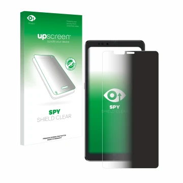 Parte frontal de un envase de producto con el logotipo de la marca upscreen. Al lado se muestra el dispositivo Hisense A9 con 