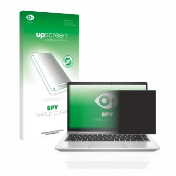 Parte frontal de un envase de producto con el logotipo de la marca upscreen. Al lado se muestra el dispositivo HP EliteBook 64