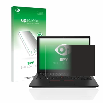 Parte frontal de un envase de producto con el logotipo de la marca upscreen. Al lado se muestra el dispositivo Lenovo ThinkPad