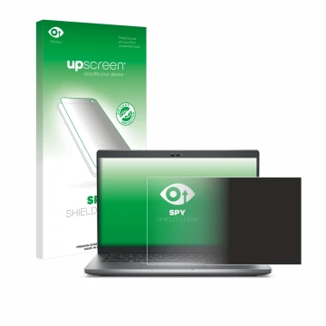 Parte frontal de un envase de producto con el logotipo de la marca upscreen. Al lado se muestra el dispositivo Dell Latitude 5