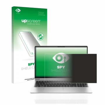 Parte frontal de un envase de producto con el logotipo de la marca upscreen. Al lado se muestra el dispositivo HP ProBook 450 
