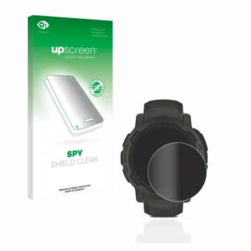 Parte frontal de un envase de producto con el logotipo de la marca upscreen. Al lado se muestra el dispositivo Garmin Instinct