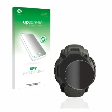 Parte frontal de un envase de producto con el logotipo de la marca upscreen. Al lado se muestra el dispositivo Garmin Instinct