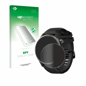 Parte frontal de un envase de producto con el logotipo de la marca upscreen. Al lado se muestra el dispositivo Kiprun GPS 900 