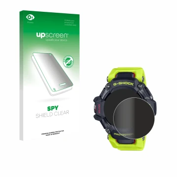 Parte frontal de un envase de producto con el logotipo de la marca upscreen. Al lado se muestra el dispositivo Casio G-Shock G