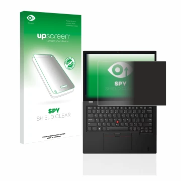 Parte frontal de un envase de producto con el logotipo de la marca upscreen. Al lado se muestra el dispositivo Lenovo Thinkpad