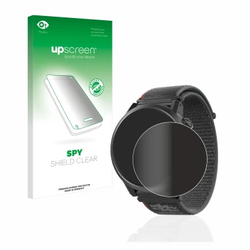 Parte frontal de un envase de producto con el logotipo de la marca upscreen. Al lado se muestra el dispositivo Coros Apex 2 co