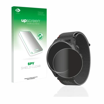 Parte frontal de un envase de producto con el logotipo de la marca upscreen. Al lado se muestra el dispositivo Coros Apex 2 Pr