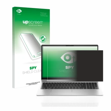 Parte frontal de un envase de producto con el logotipo de la marca upscreen. Al lado se muestra el dispositivo HP ProBook 455 