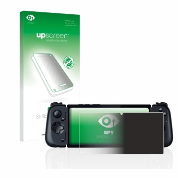 Parte frontal de un envase de producto con el logotipo de la marca upscreen. Al lado se muestra el dispositivo Razer Edge 5G c