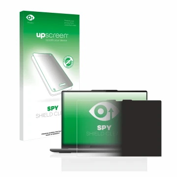 Parte frontal de un envase de producto con el logotipo de la marca upscreen. Al lado se muestra el dispositivo Lenovo Yoga 7 G