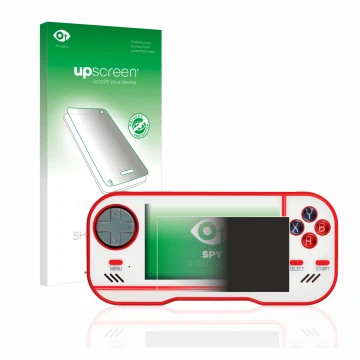 Parte frontal de un envase de producto con el logotipo de la marca upscreen. Al lado se muestra el dispositivo Blaze Evercade 