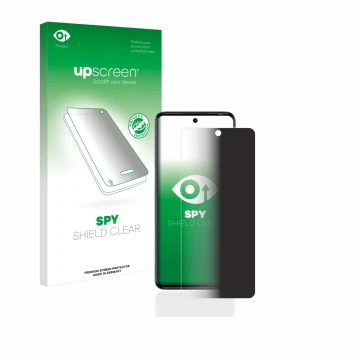 Parte frontal de un envase de producto con el logotipo de la marca upscreen. Al lado se muestra el dispositivo Tecno Camon 20 