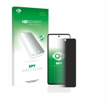 Parte frontal de un envase de producto con el logotipo de la marca upscreen. Al lado se muestra el dispositivo Tecno Camon 20 