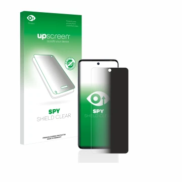 Parte frontal de un envase de producto con el logotipo de la marca upscreen. Al lado se muestra el dispositivo Tecno Camon 20 