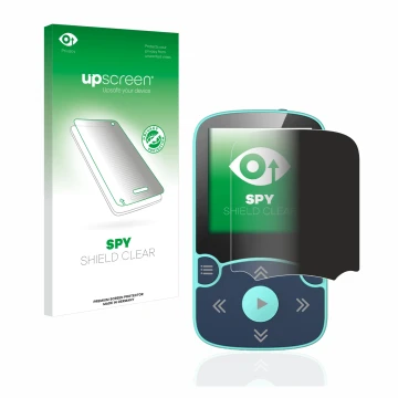 Parte frontal de un envase de producto con el logotipo de la marca upscreen. Al lado se muestra el dispositivo AGPtek A65X MP3