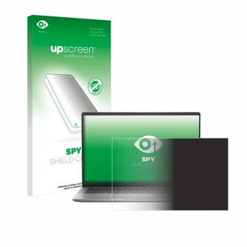 Parte frontal de un envase de producto con el logotipo de la marca upscreen. Al lado se muestra el dispositivo Dell Latitude 7