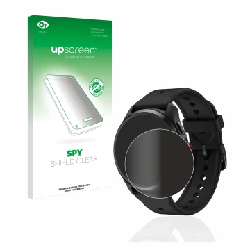 Parte frontal de un envase de producto con el logotipo de la marca upscreen. Al lado se muestra el dispositivo Mobvoi TicWatch