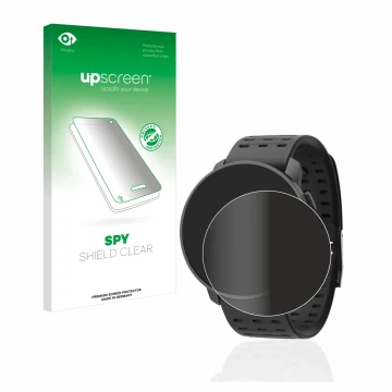 Parte frontal de un envase de producto con el logotipo de la marca upscreen. Al lado se muestra el dispositivo Suunto 9 Peak P