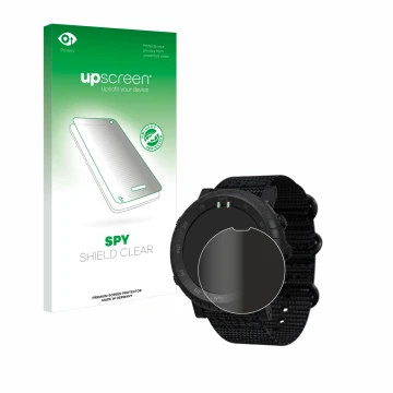 Parte frontal de un envase de producto con el logotipo de la marca upscreen. Al lado se muestra el dispositivo Suunto Core Alp