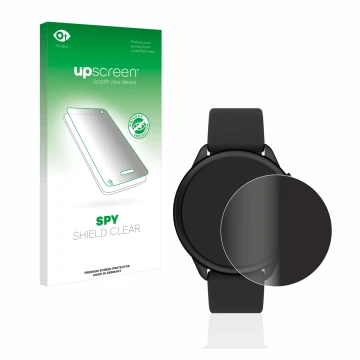 Parte frontal de un envase de producto con el logotipo de la marca upscreen. Al lado se muestra el dispositivo Fossil Smartwat