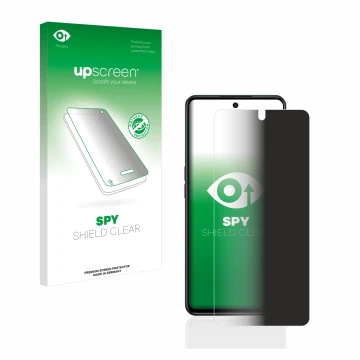 Parte frontal de un envase de producto con el logotipo de la marca upscreen. Al lado se muestra el dispositivo Oppo A98 5G con