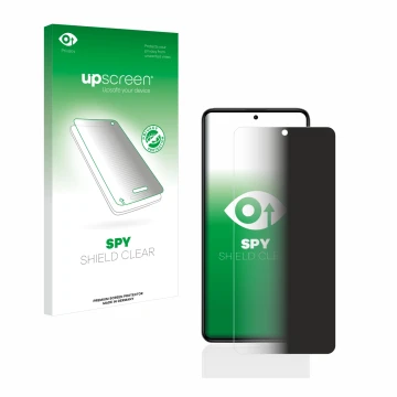 Parte frontal de un envase de producto con el logotipo de la marca upscreen. Al lado se muestra el dispositivo Xiaomi Poco F5 