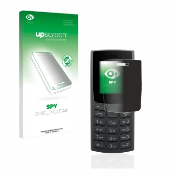 Parte frontal de un envase de producto con el logotipo de la marca upscreen. Al lado se muestra el dispositivo Nokia 110 (2023