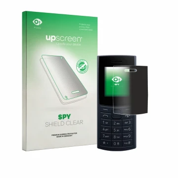 Parte frontal de un envase de producto con el logotipo de la marca upscreen. Al lado se muestra el dispositivo Nokia 110 4G (2