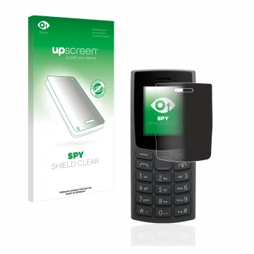 Parte frontal de un envase de producto con el logotipo de la marca upscreen. Al lado se muestra el dispositivo Nokia 105 (2023