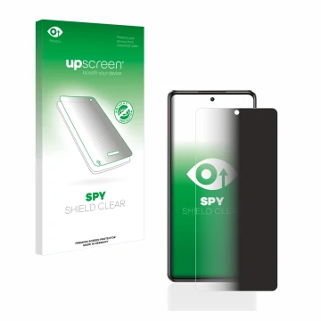 Parte frontal de un envase de producto con el logotipo de la marca upscreen. Al lado se muestra el dispositivo Infinix Note 30