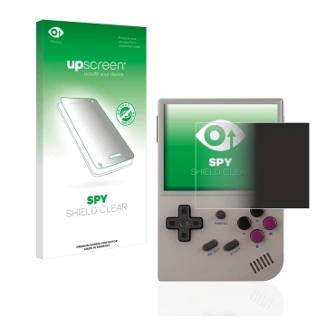Parte frontal de un envase de producto con el logotipo de la marca upscreen. Al lado se muestra el dispositivo Anbernic RG35XX