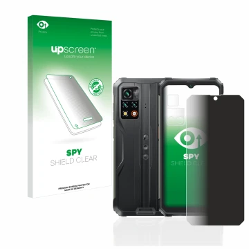 Parte frontal de un envase de producto con el logotipo de la marca upscreen. Al lado se muestra el dispositivo Blackview BV920