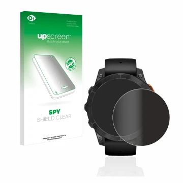 Parte frontal de un envase de producto con el logotipo de la marca upscreen. Al lado se muestra el dispositivo Garmin Fenix 7 