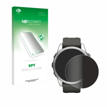Parte frontal de un envase de producto con el logotipo de la marca upscreen. Al lado se muestra el dispositivo Garmin Fenix 7S