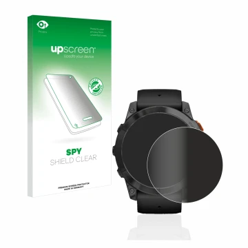Parte frontal de un envase de producto con el logotipo de la marca upscreen. Al lado se muestra el dispositivo Garmin Fenix 7X