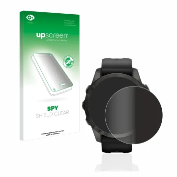 Parte frontal de un envase de producto con el logotipo de la marca upscreen. Al lado se muestra el dispositivo Garmin Epix Pro