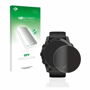 Parte frontal de un envase de producto con el logotipo de la marca upscreen. Al lado se muestra el dispositivo Garmin Epix Pro