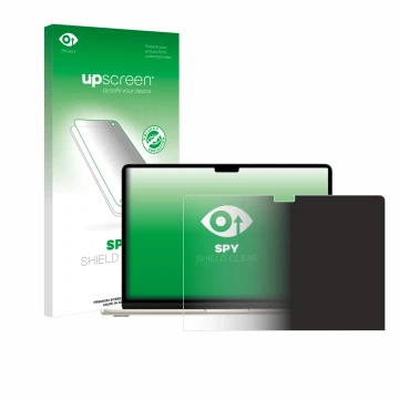 Parte frontal de un envase de producto con el logotipo de la marca upscreen. Al lado se muestra el dispositivo Apple MacBook A