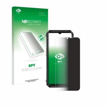 Parte frontal de un envase de producto con el logotipo de la marca upscreen. Al lado se muestra el dispositivo Ulefone Power A