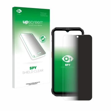 Parte frontal de un envase de producto con el logotipo de la marca upscreen. Al lado se muestra el dispositivo Ulefone Armor 2