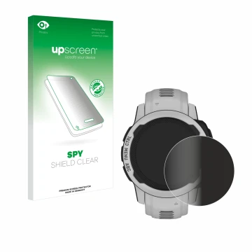 Parte frontal de un envase de producto con el logotipo de la marca upscreen. Al lado se muestra el dispositivo Garmin Instinct