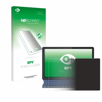 Parte frontal de un envase de producto con el logotipo de la marca upscreen. Al lado se muestra el dispositivo Lenovo IdeaPad 